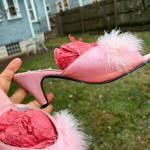 Vintage Ellie Pink Fur Satin Barbie Kitten Heels y2k boudoir cosplay 7 and 7.5